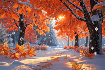 Stunning Orange Winter Landscape Featuring Golden Foliage and Joyful Snowflakes