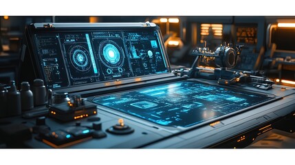 A high-tech laboratory table with glowing blue screens and futuristic tools
