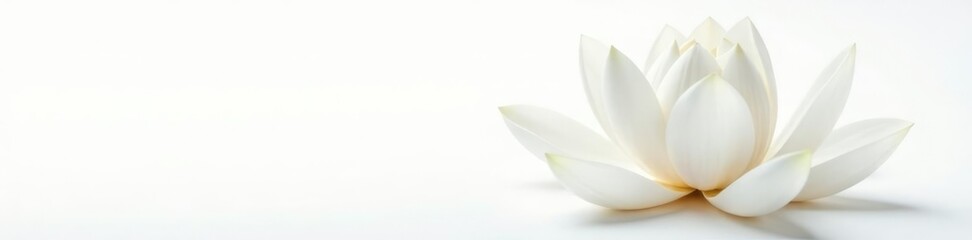 Delicate white lotus petals unfold on a pristine snow-white background, purity, clean, white lotus