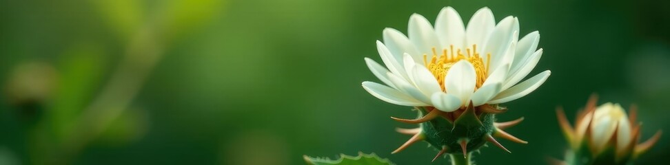Fototapeta premium Delicate white petals forming a crown around thorny stem, flora, thorns, plantlife