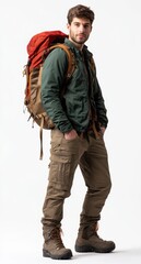 Fototapeta premium Man with Backpack Posing in Hiking Outfit Isolated on White
