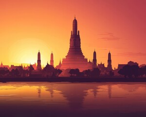 Fototapeta premium Thai silhouette background featuring Wat Arun and palm trees with a warm gradient sky
