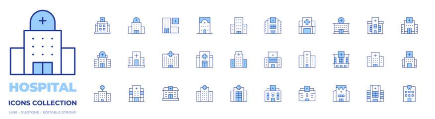 Hospital icons collection. Line Duotone style, editable stroke. hospital, dentistry, clinic, hospital building, animal clinic, condo