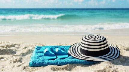 Obraz premium Black and white striped sun hat, blue towel with flip-flops on the sand at a beach background.