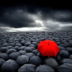 A striking red umbrella stands out among a sea of black umbrellas