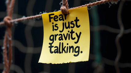 Acrobat's safety net Post-it reads "Fear is just gravity talking." with flexible, chalk-dusted paper.