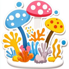Fototapeta premium Colorful Cartoon Mushrooms and Coral Illustration with Whimsical Flat Design