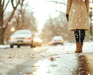 Woman in Snowfall City Street.