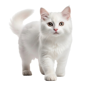 White cat confidently walks in a playful strid isolated on transparent background
