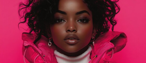 Beautiful woman wearing a pink jacket looks directly at the camera