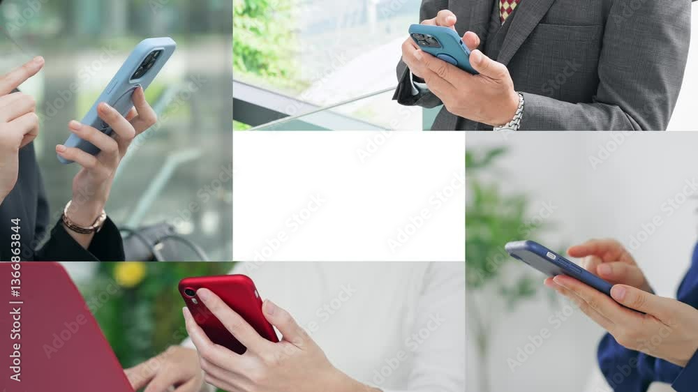 Aufkleber スマホを使う人々のコラージュ映像　白バックからのトランジション