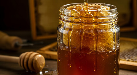 Honeycomb Dripping Into Jar On Wooden Table