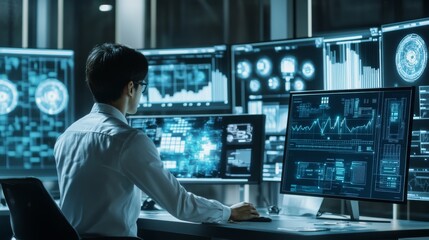 Fototapeta premium A fintech engineer building AI powered decentralized platforms for crypto backed decentralized identity management systems, futuristic identity lab with live data, High-tech style