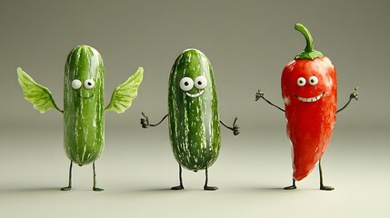 Whimsical of green cucumbers and a red chili pepper depicted as cheerful animated characters with arms legs and exaggerated facial features