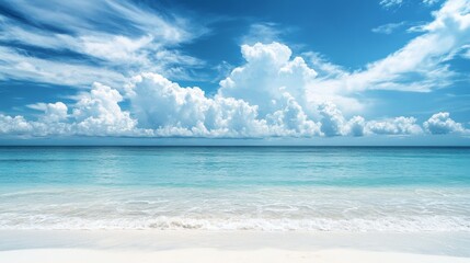 Obraz premium Beautiful beach with white sand and blue sky background, a summer vacation concept banner with copy space for text.