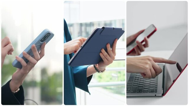 Collage video showing various digital device usage scenes, transition from white background