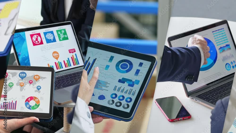 Poster collage video showing various digital device usage scenes, transition from white background