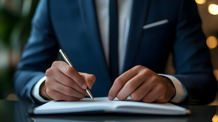 Obraz premium Close Up of Businessman in Dark Blue Suit Signing a Legal Document with Silver Pen on Shiny Black Desk with Soft Lighting