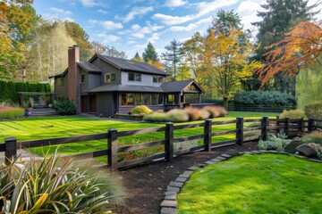 Fototapeta premium Vinyl fence installation that wraps around the exterior of backyard