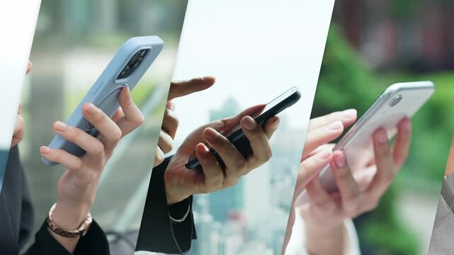 様々なデジタルデバイスを使う人々のコラージュ映像　白バックからのトランジション