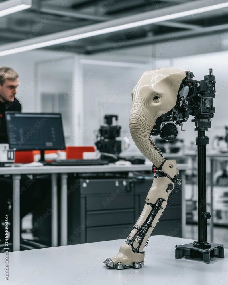 Poster robotic elephant prototype in a modern laboratory setting with engineer