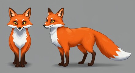 Obraz premium Cartoon Fox Posing in Two Views for Animation or Design