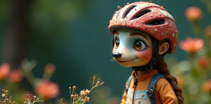 Fuzzy keramikkopf mit Fahrradhelm und Pflanzen, kunsthandwerk, modell, kramatik