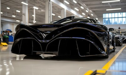Sleek Black Sports Car with Distinctive Rear Design in Modern Garage Setting