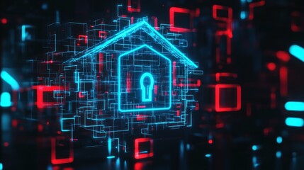 Obraz premium Abstract digital home security concept, glowing lines forming a house with a padlock symbol on a complex network of glowing rectangles and numbers.