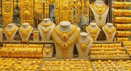 Fototapeta premium Golden Jewelry Display In Market