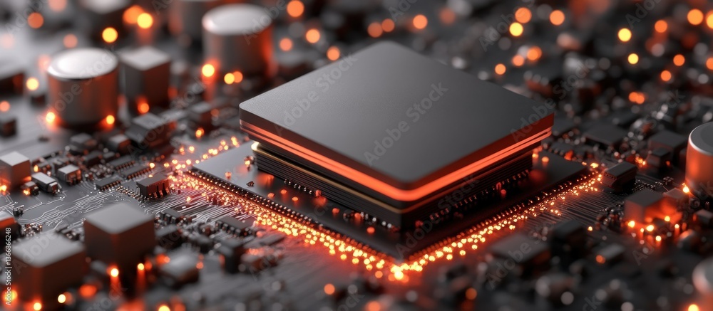 Poster close-up of a microprocessor on a circuit board with illuminated elements