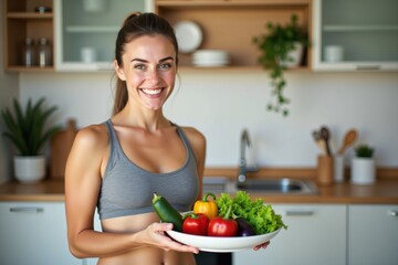 Smiling fit woman in modern kitchen holding a plate of fresh vegetables, promoting healthy eating, balanced nutrition, and an active lifestyle with organic and plant-based food