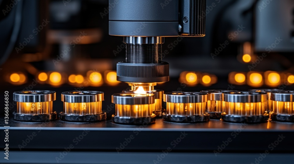 Poster close-up of advanced microscope examining small vials in laboratory setting
