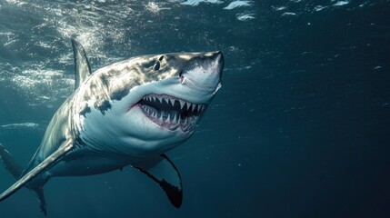 Obraz premium An aggressive great white shark bares its razor-sharp teeth as it swims toward the camera in the deep ocean.