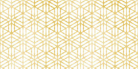 Hand drawn watercolor style plaid pattern called "Asanoha" in Japan, Seamless vector watercolor texture background/日本の伝統的な和柄模様「麻の葉」、手描きの水彩風の格子柄（金色）