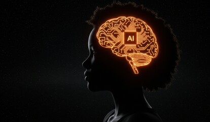 Black girl silhouette with brain illustration of AI concept, dark background, highlights creativity and technology.