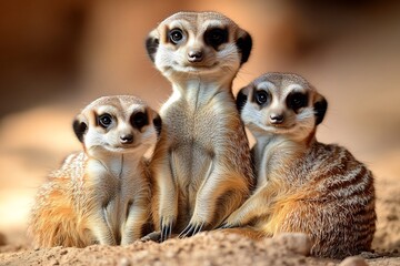 Three cute meerkats are sitting together in the sand looking at camera