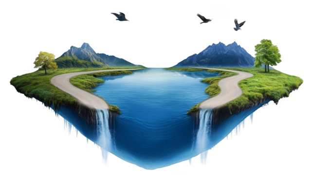 Floating Island Landscape Illustration With Waterfalls and Serene Scenery