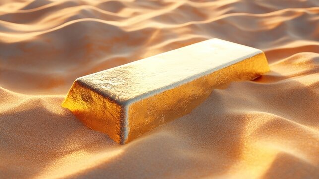 Gold bullion bar resting on a sandy desert landscape.