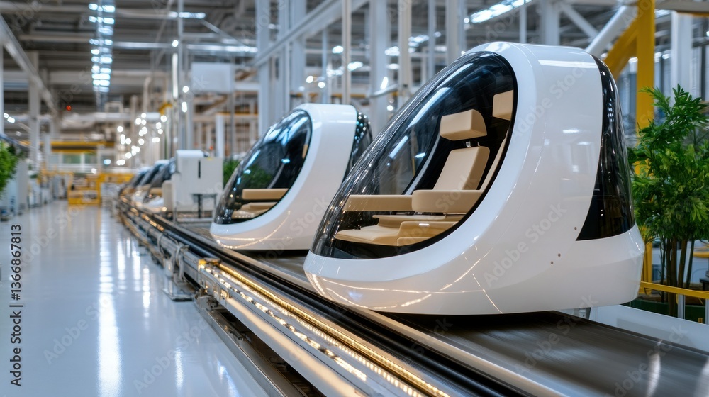 Poster futuristic transport pods in high-tech factory setting with modern design