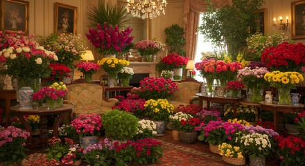 Room Filled with Abundance of Flowers in Vases and Planters