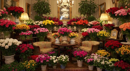 Naklejka premium Viewing Colorful Rose Flowers in an Elegant Living Room Interior Decor