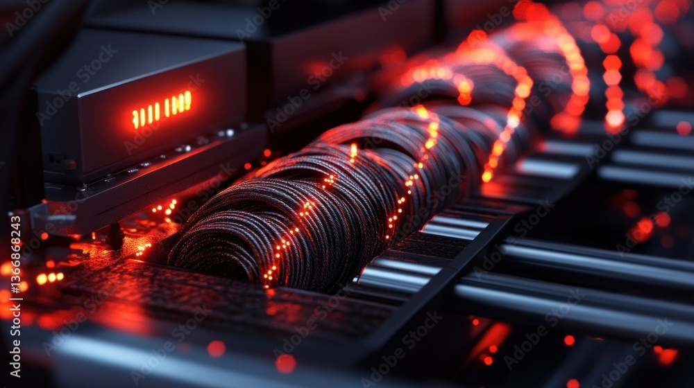 Poster abstract technology background with red lights and data cables close-up