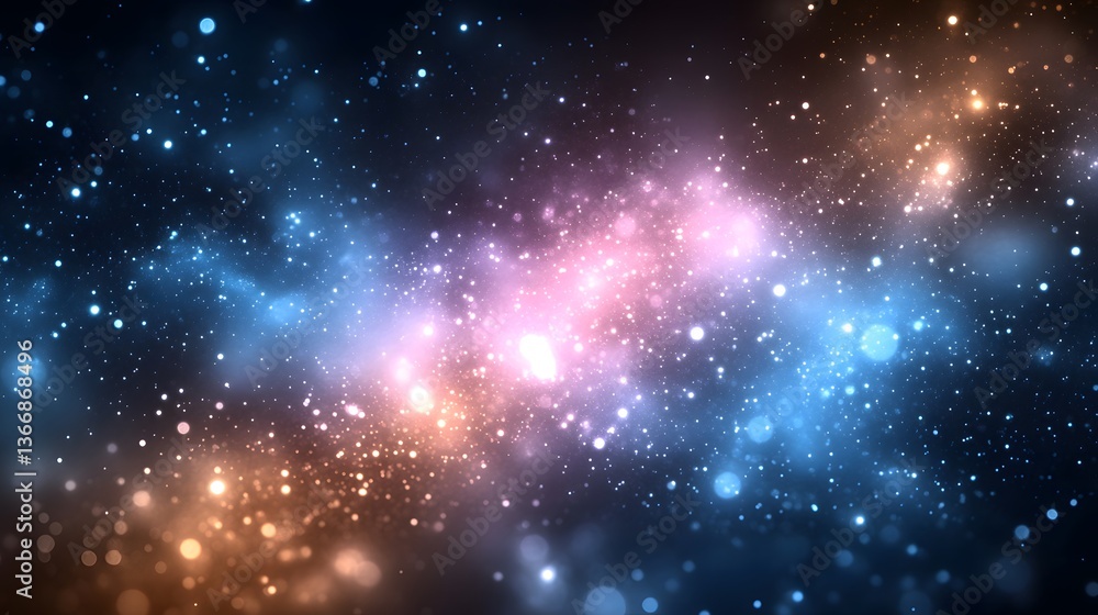 Poster cosmic nebula with scattered luminous particles and colorful light