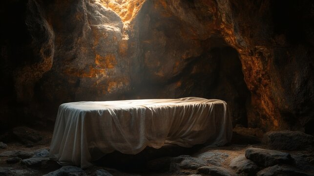 Jesus shroud in the tomb, Jesus Christ empty tomb, He is risen, Holy Saturday, Symbolizing Jesus crucifixion.