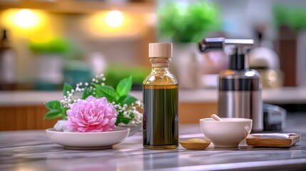 A tranquil flatlay showcasing a bottle of essential oil alongside spa accessories and delicate pink flowers on a marble surface perfect for minimalist lifestyle ing and copy