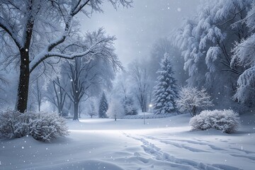 Fototapeta premium Serene Winter Snow Landscape with December Flurries and Elegant Decorative Elements