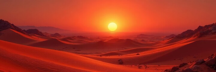Majestic Martian dunes stretch across the rust-red landscape at sunrise, barren land, crimson sky, sun rise