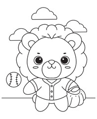 Coloring book lion playing baseball with a ball and glove, under a cloudy sky