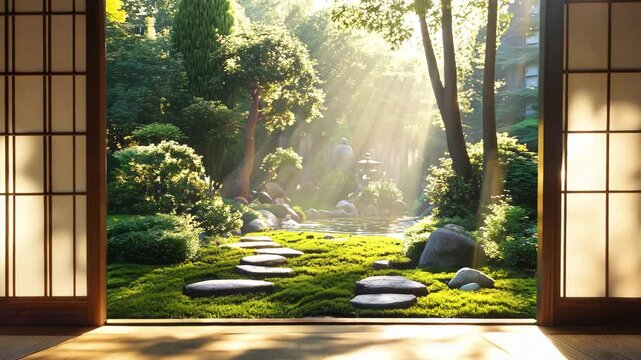 和室から望む朝の日本庭園